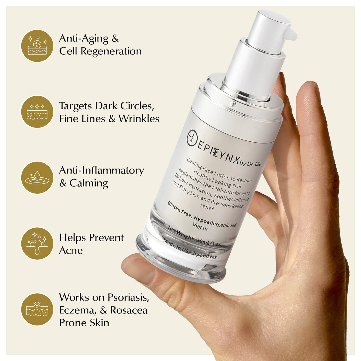 Hand holding the EpiLynx moisturizer bottle beside a list of skin benefits