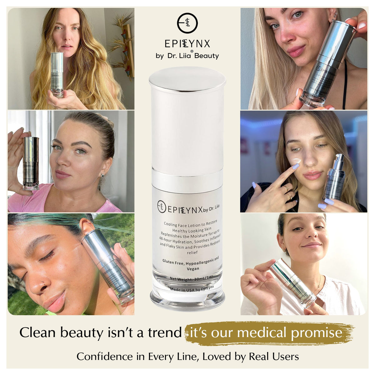 Collage of people using the EpiLynx moisturizer beside the bottle, with the text Clean beauty isn't a trend