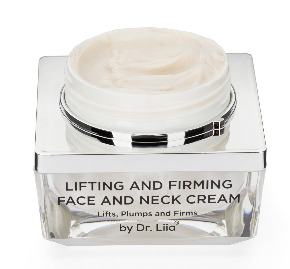 Lifting and firming face and neck cream jar with the lid off, showing the cream