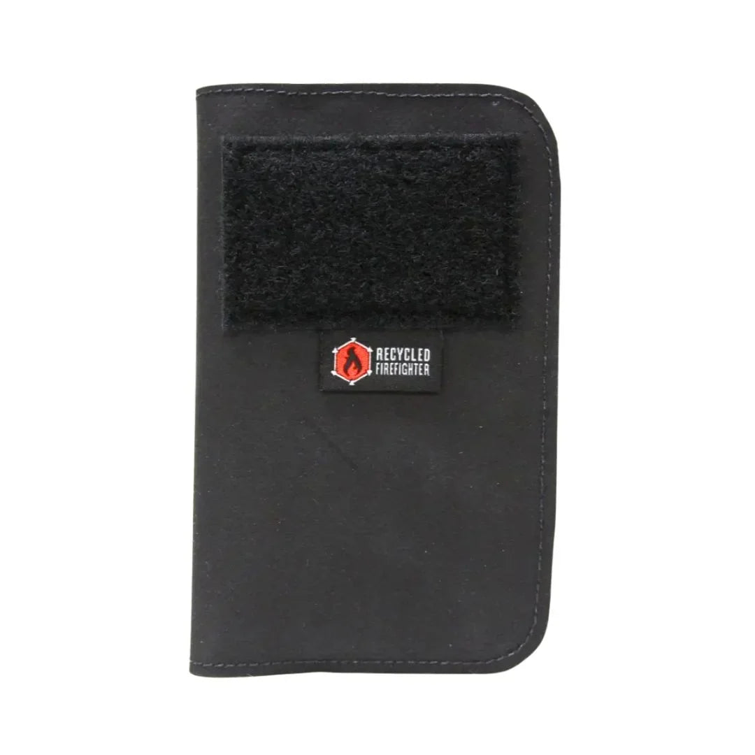 Recycled Firefighter Field Notes Wallet in black Hypalon with a patch panel and logo tag