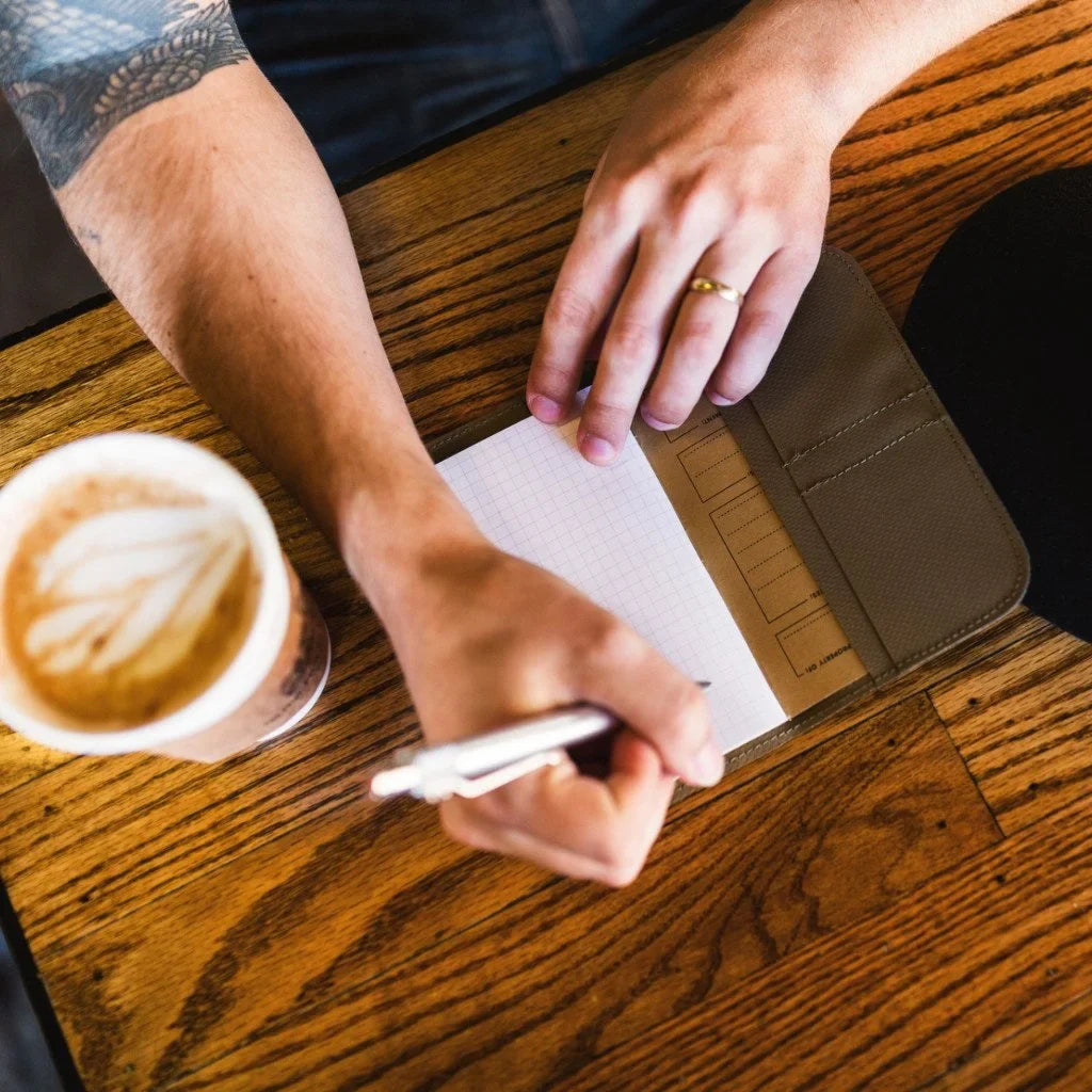 Hands writing in a small notebook from the wallet beside a latte on a wooden table