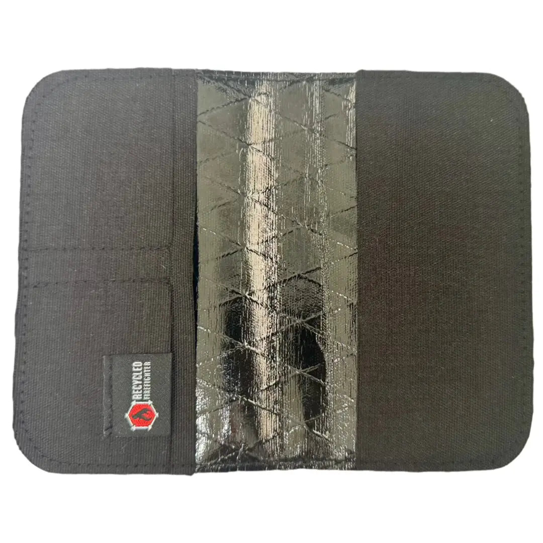 Open gray Field Notes Wallet showing card pockets and a silver-gray inner panel