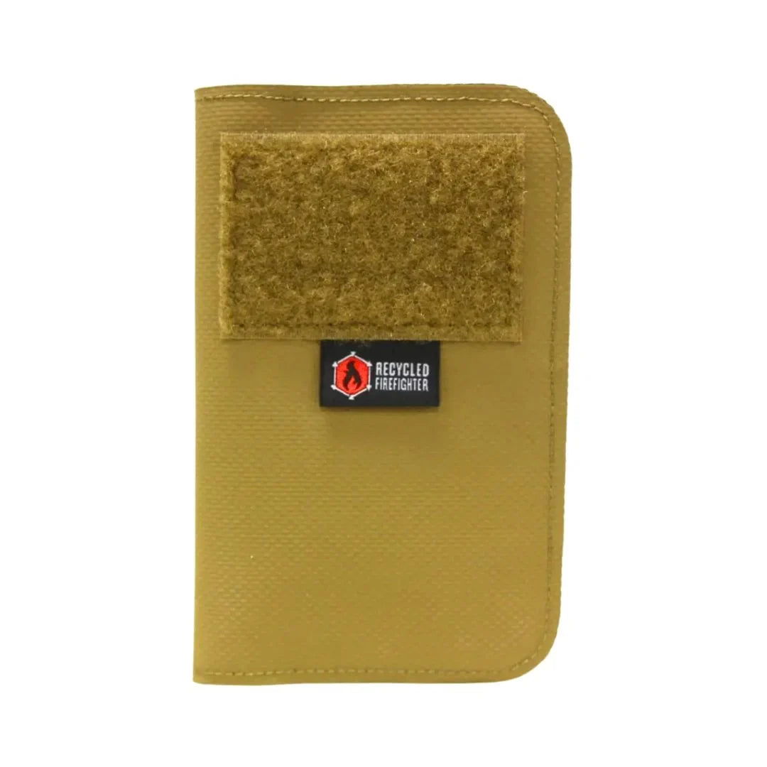 Recycled Firefighter Field Notes Wallet in coyote tan Hypalon with a patch panel and logo tag
