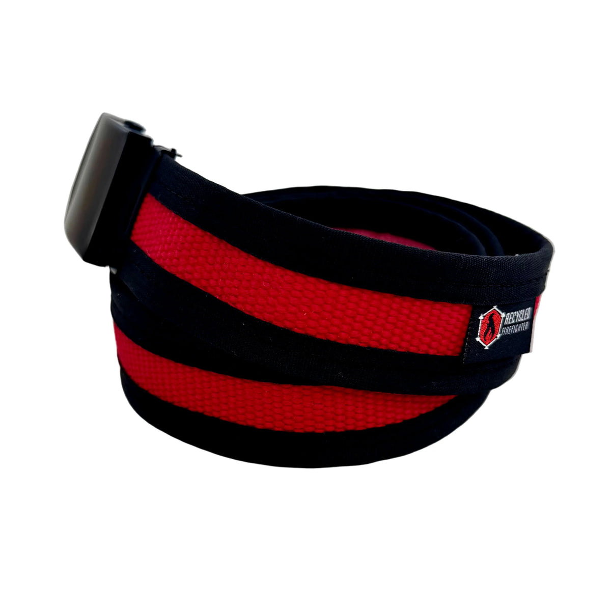 Red Fire Hose EDC Belt coiled with a black buckle