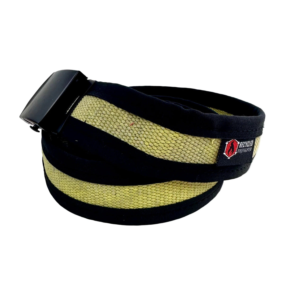 Vintage yellow Fire Hose EDC Belt coiled with a black buckle