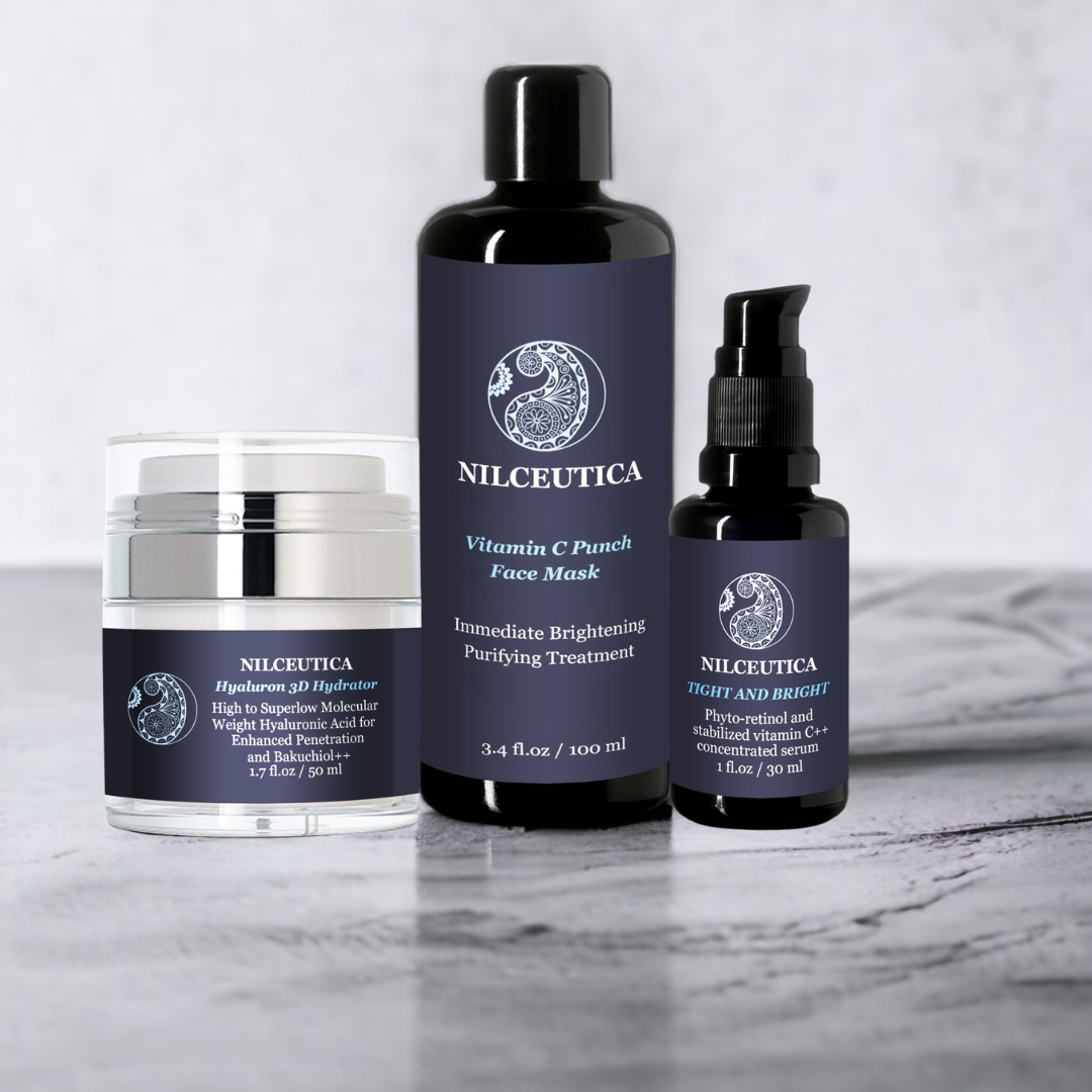 NILCEUTICA moisturizer jar, a dark serum bottle and a smaller bottle together on a gray surface