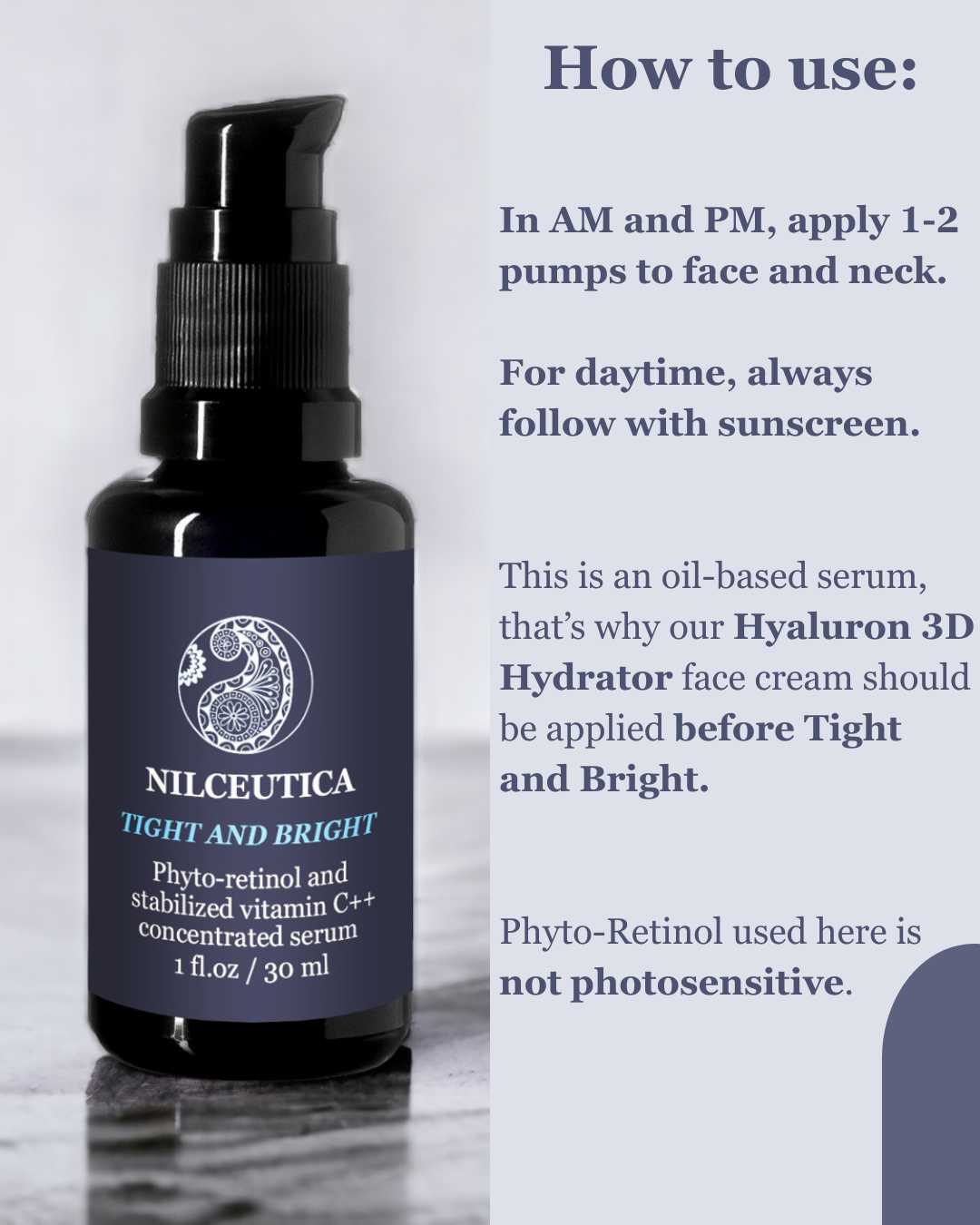 Serum bottle with usage directions to apply 1-2 pumps in the morning and evening