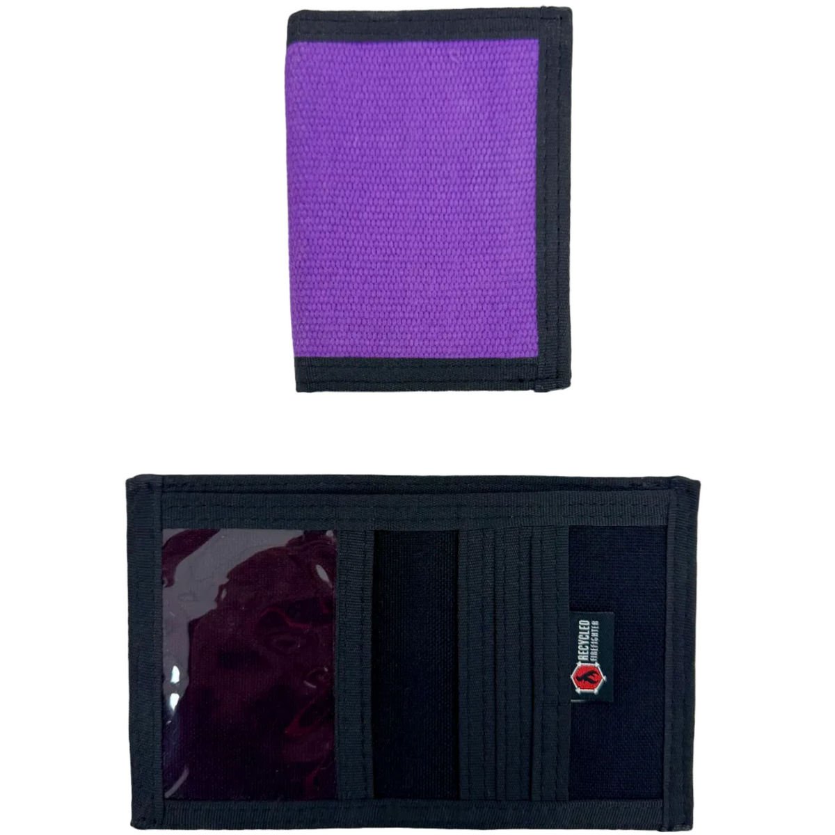 Captain Wallet in purple fire hose, closed above and open below showing an ID window and card slots