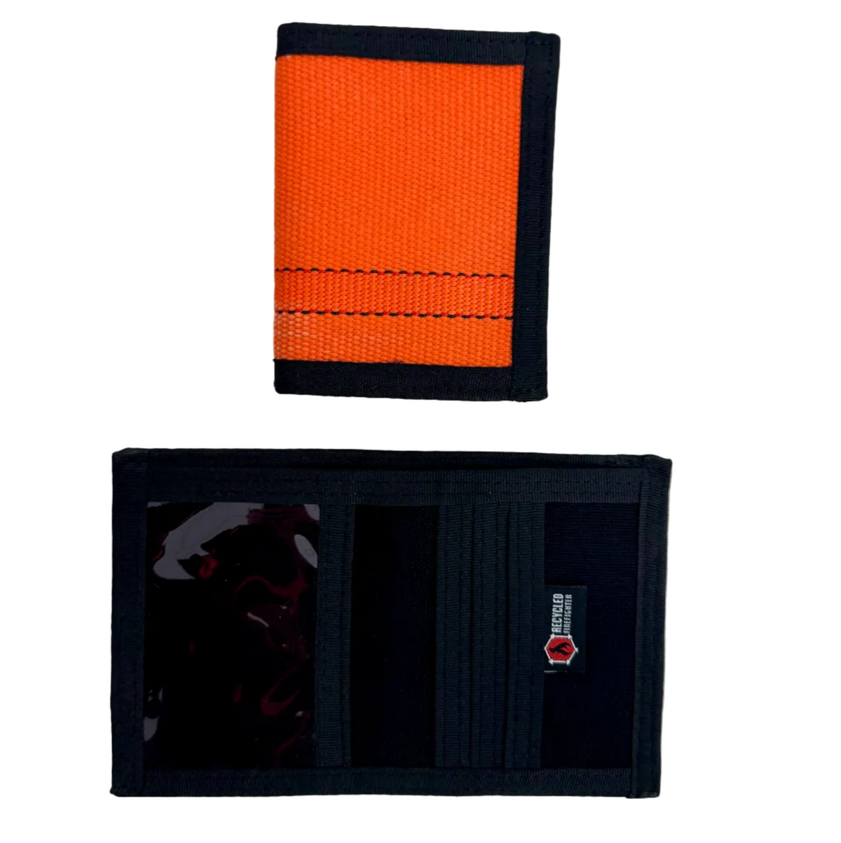 Captain Wallet in orange fire hose, closed above and open below showing an ID window and card slots