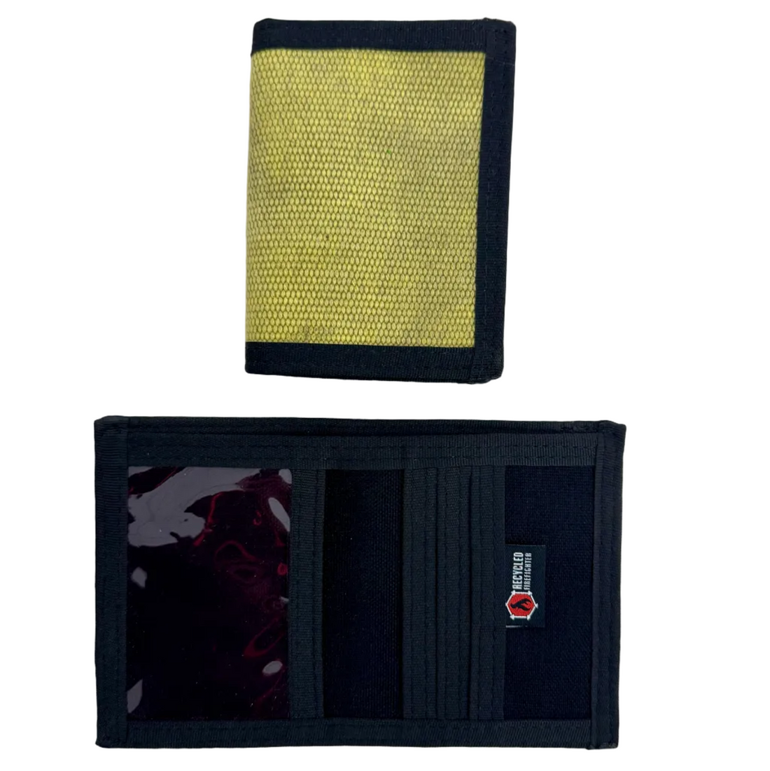 Recycled Firefighter Captain Wallet in vintage yellow fire hose, closed above and open below showing an ID window and card slots