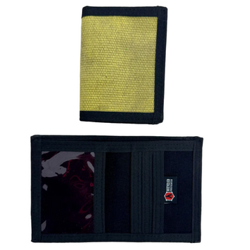 Recycled Firefighter Captain Wallet in vintage yellow fire hose, closed above and open below showing an ID window and card slots