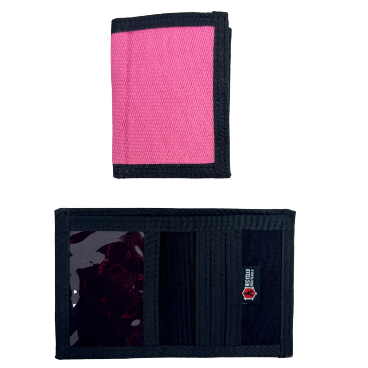 Captain Wallet in pink fire hose, closed above and open below showing an ID window and card slots