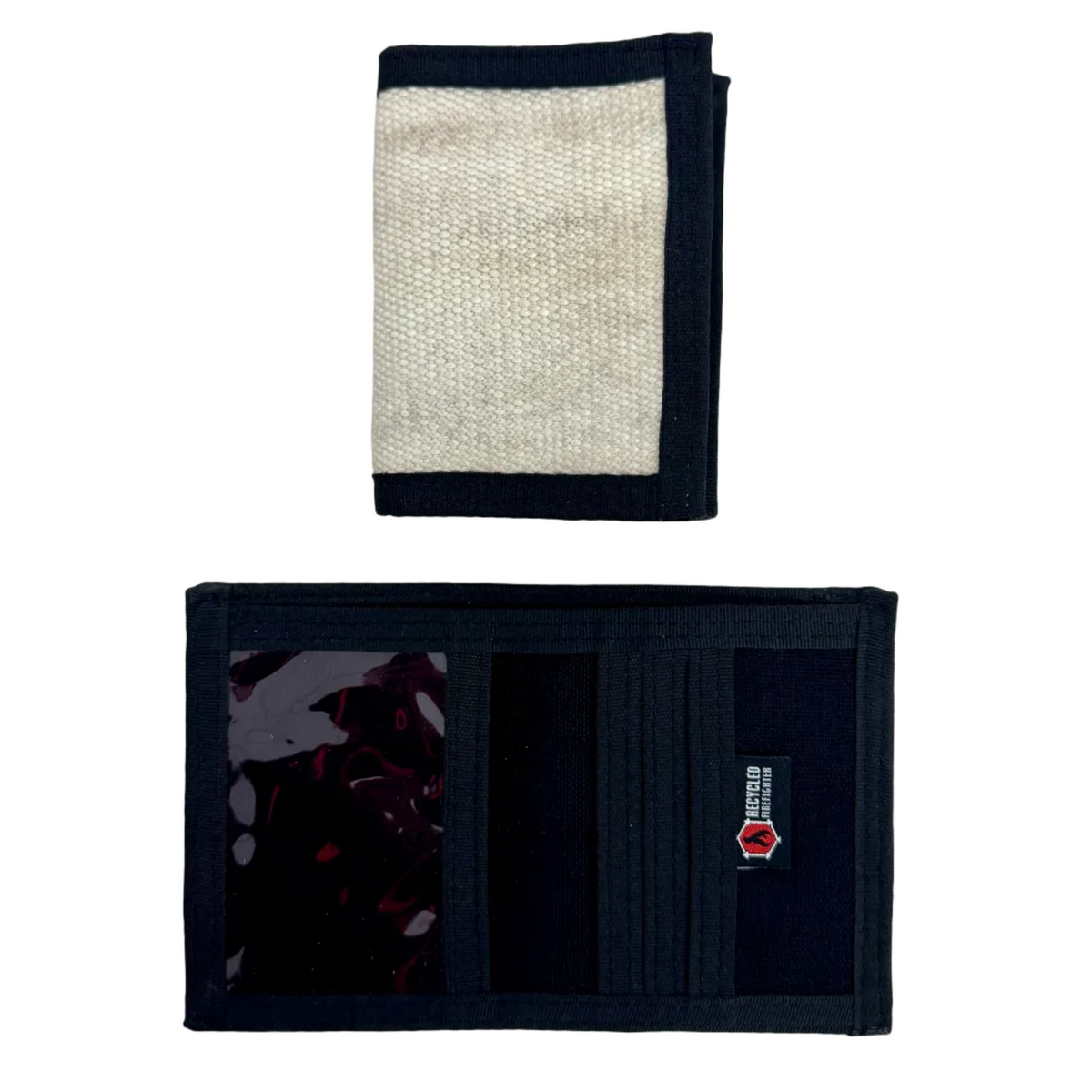 Captain Wallet in cream fire hose, closed above and open below showing an ID window and card slots