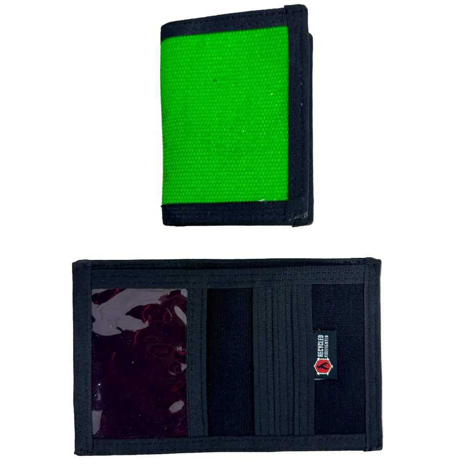 Captain Wallet in bright green fire hose, closed above and open below showing an ID window and card slots