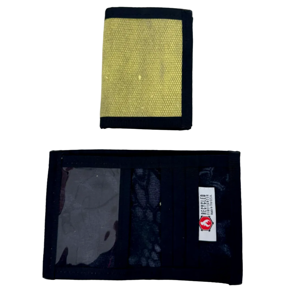 Captain Wallet in tan fire hose, closed above and open below showing an ID window and gray interior