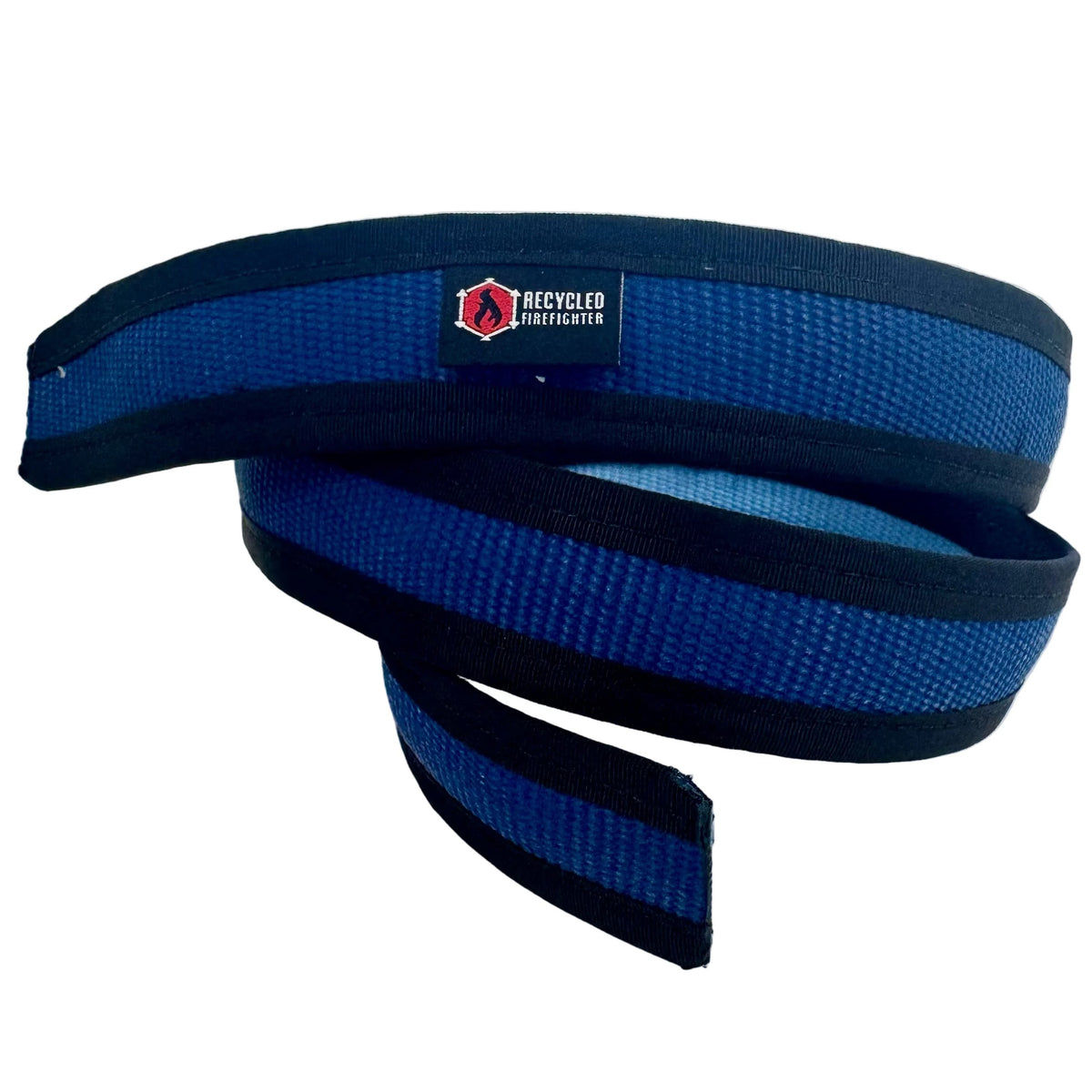 Blue Fire Hose EDC Belt coiled with a logo patch