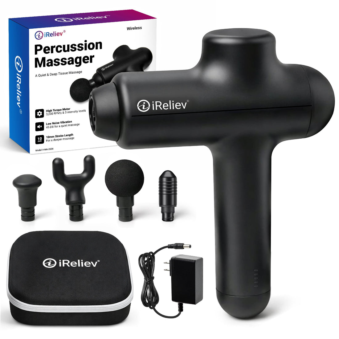 iReliev percussion massage gun in black with four attachment heads, a carrying case, a charger and the retail box