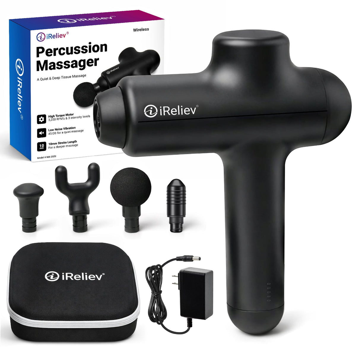iReliev percussion massage gun in black with four attachment heads, a carrying case, a charger and the retail box