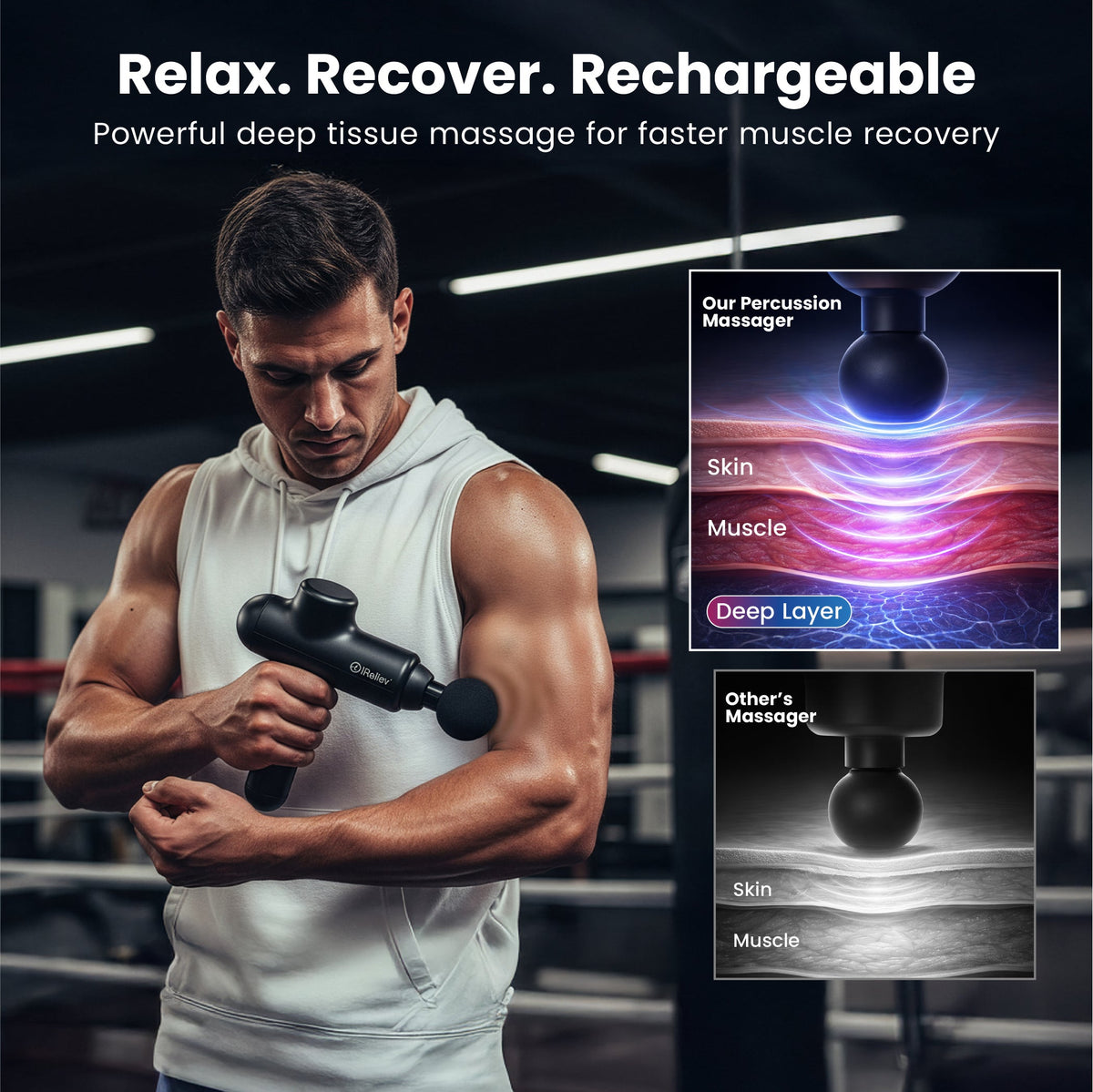 Man in a gym tank top using the massage gun on his arm
