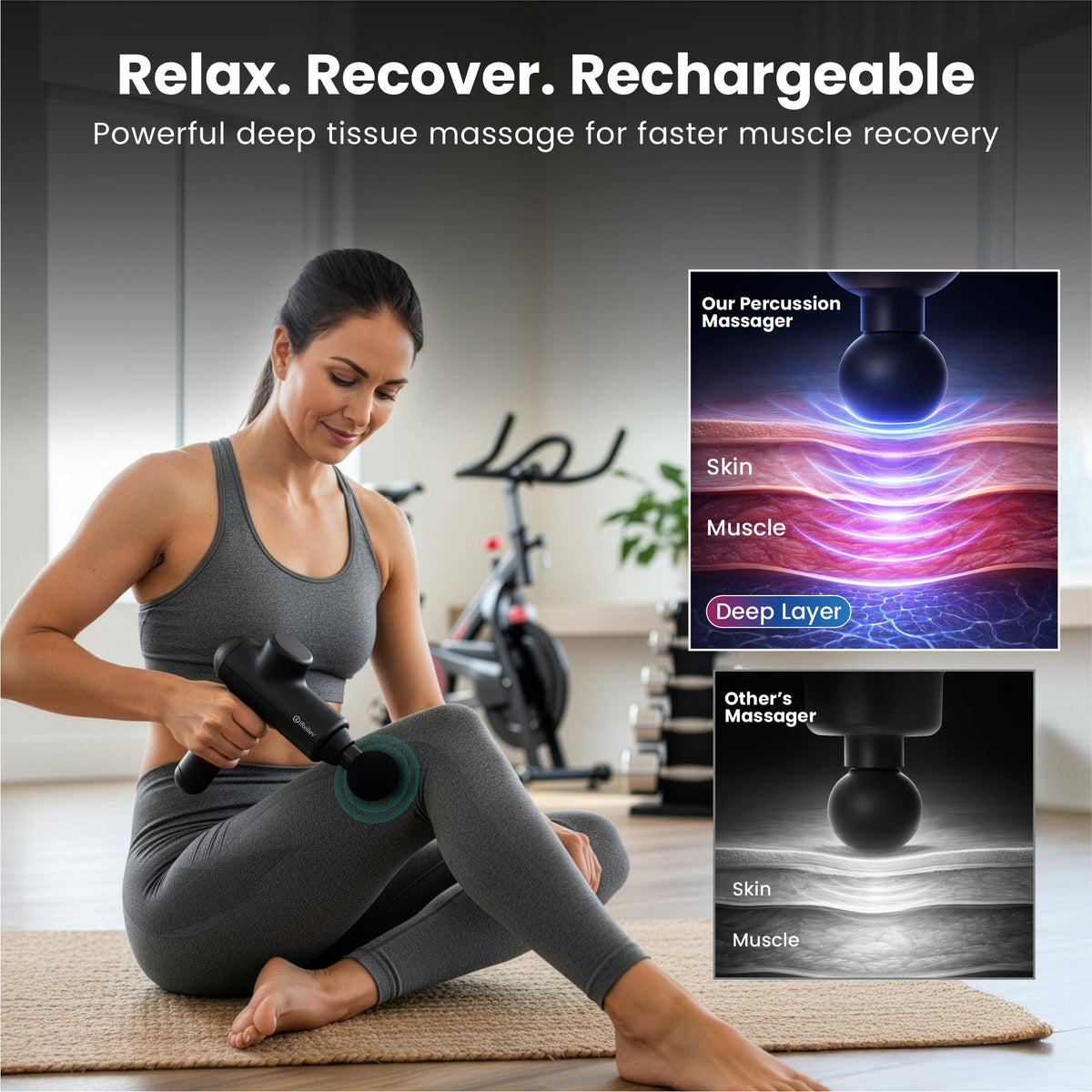 Woman in gray workout clothes using the black massage gun on her leg on a yoga mat