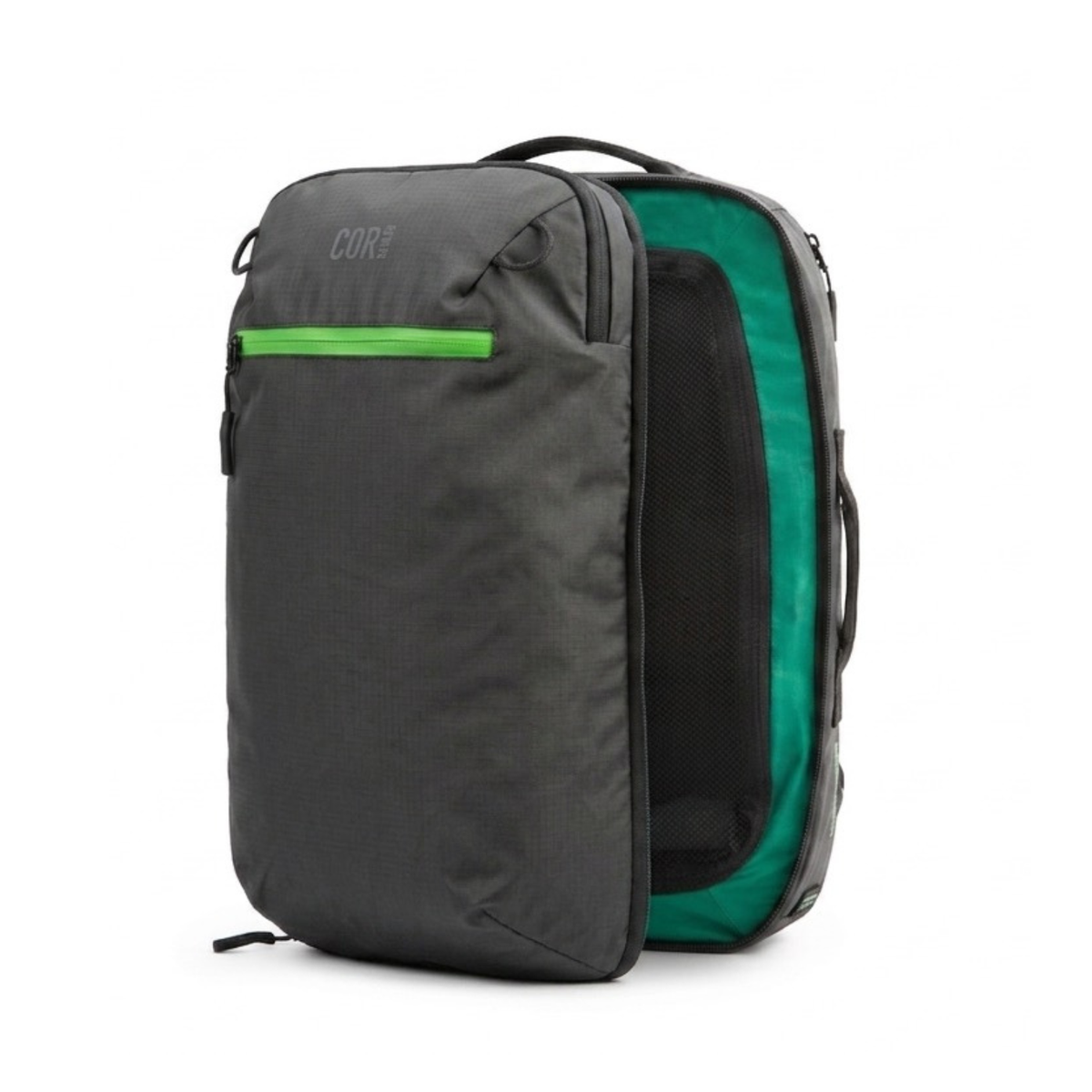 COR Surf Island Hopper 2.0 backpack in dark gray with a green interior visible along the clamshell zipper