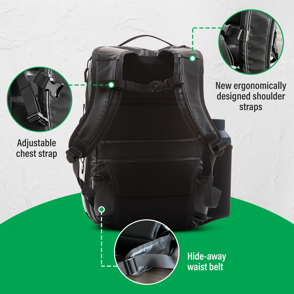 Back view of the backpack with callouts for the chest strap, shoulder straps and hide-away waist belt
