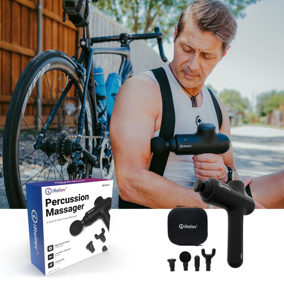 Man with a bicycle using the massage gun on his shoulder, with the product box, carrying case and attachments in front