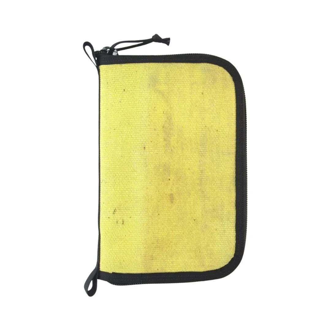 Recycled Firefighter Major Dopp Bag in vintage yellow fire hose with black trim, front view