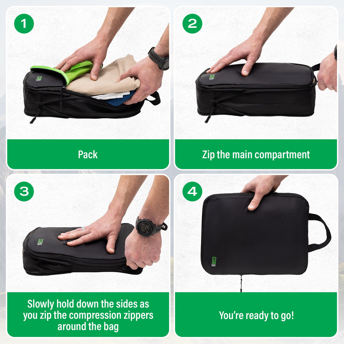 Four-step guide to packing and zipping a black compression packing cube