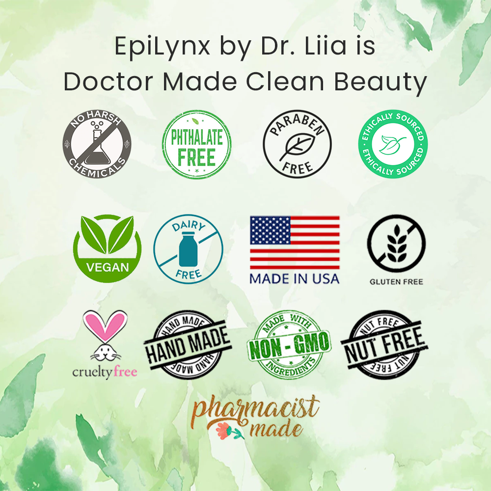 Graphic with a grid of badge icons and the text Doctor Made Clean Beauty