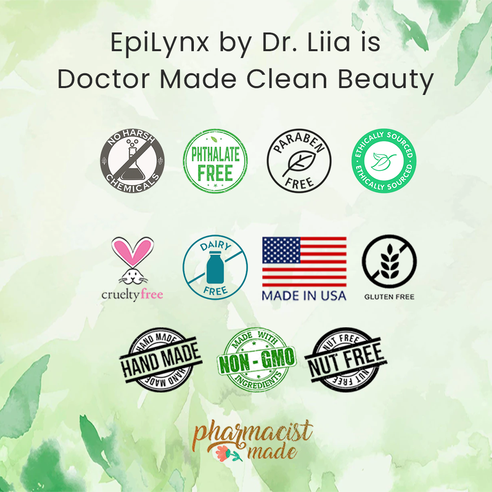 Graphic of product badge icons including vegan, made in USA, handmade and cruelty-free
