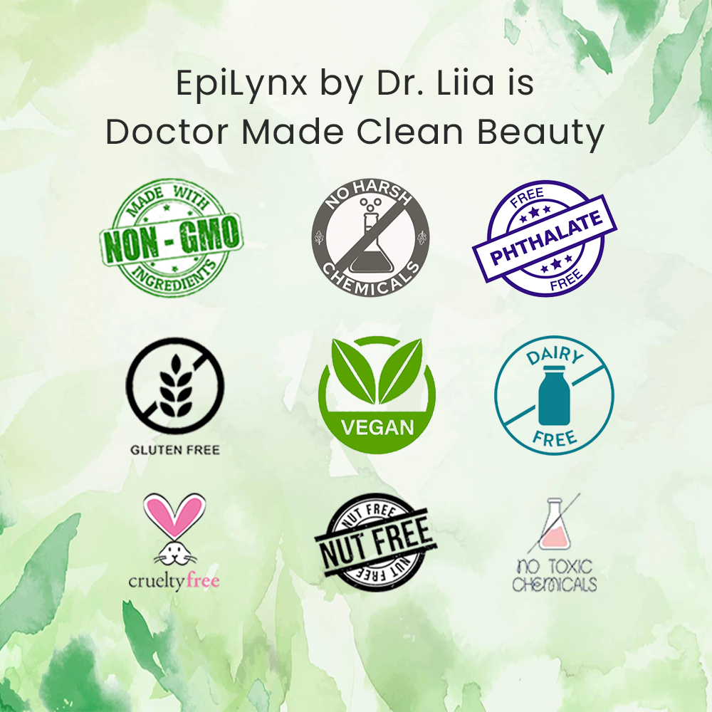 Graphic of product badge icons including non-GMO, vegan, gluten-free and cruelty-free