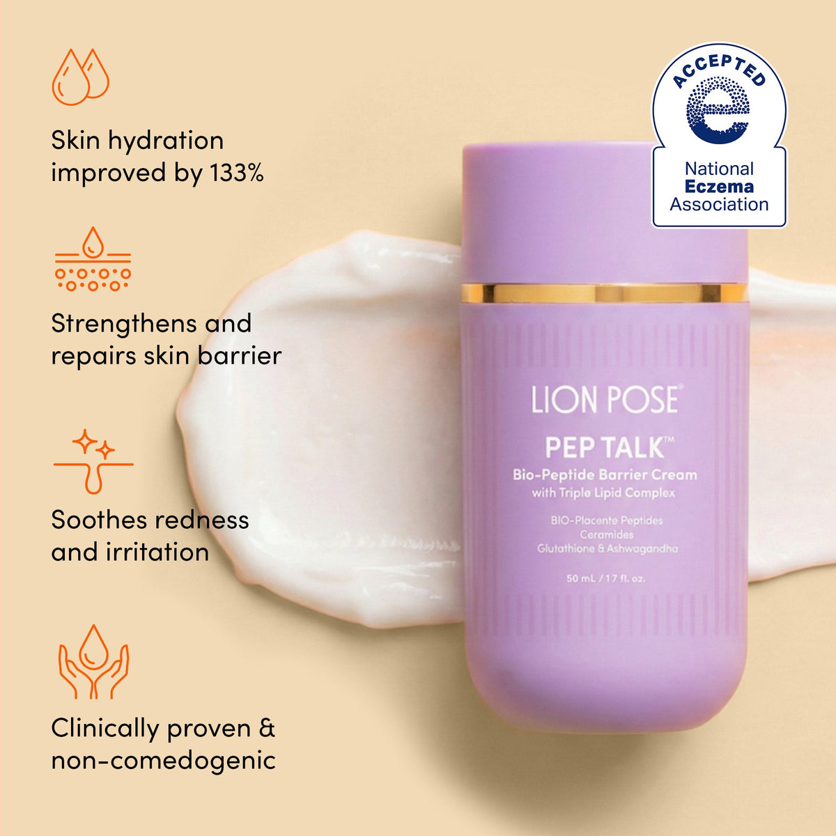 Lilac Lion Pose Pep Talk jar on a cream swatch with a list of skin barrier benefits
