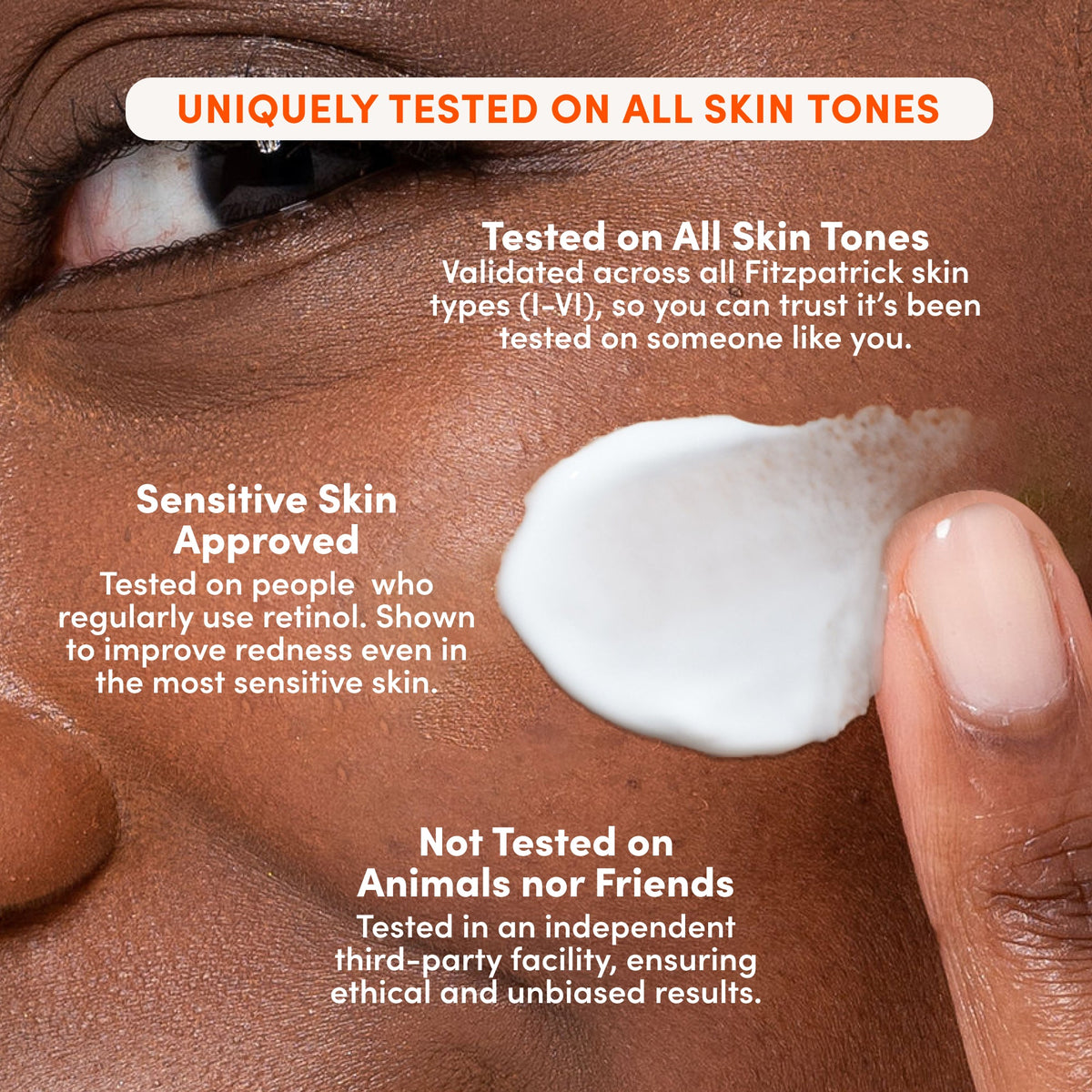 Woman's face with a cotton pad against her cheek beside text about testing on all skin tones and sensitive skin