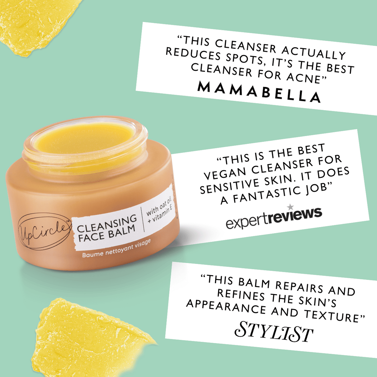 UpCircle cleansing face balm jar with quoted press reviews