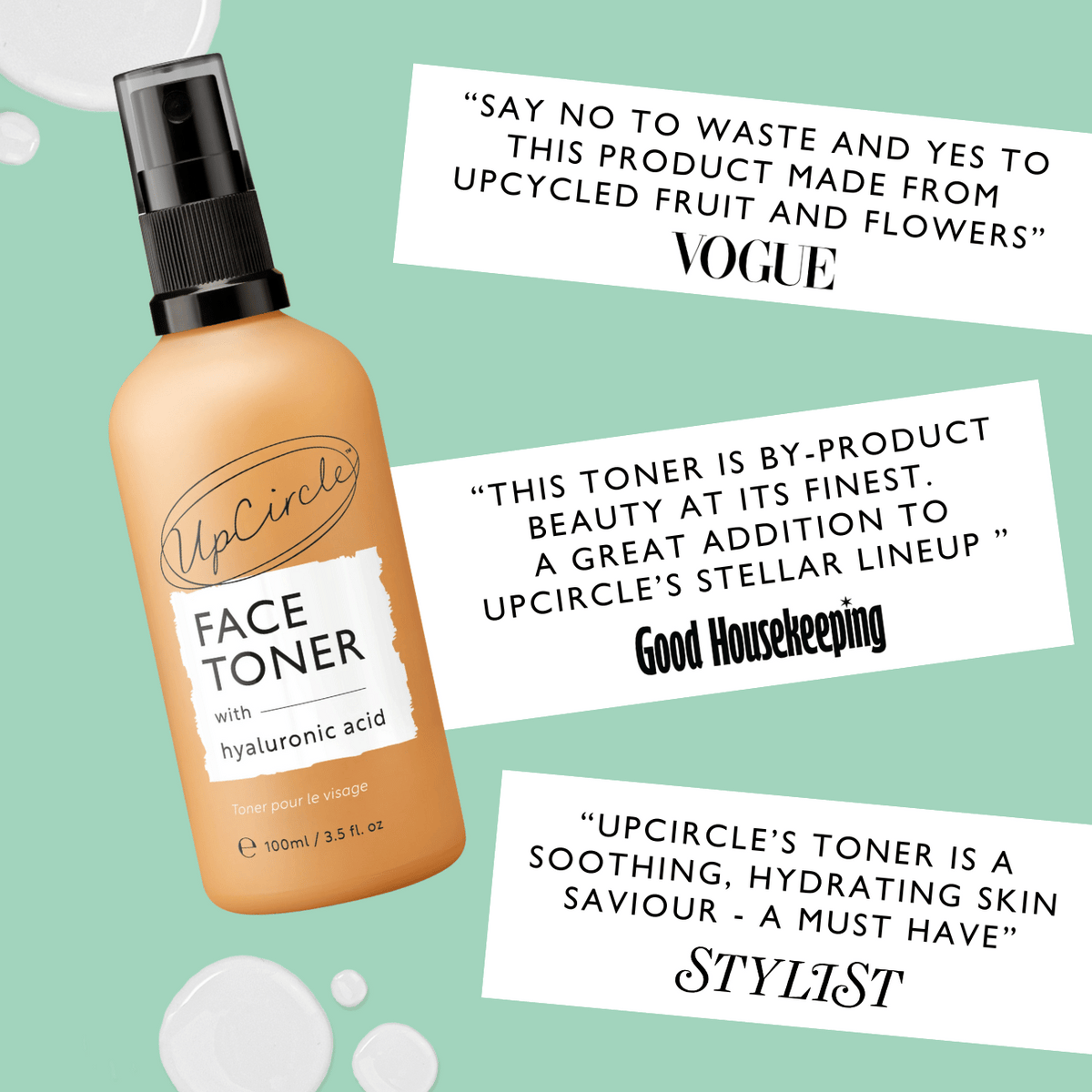 UpCircle face toner bottle with quoted press reviews