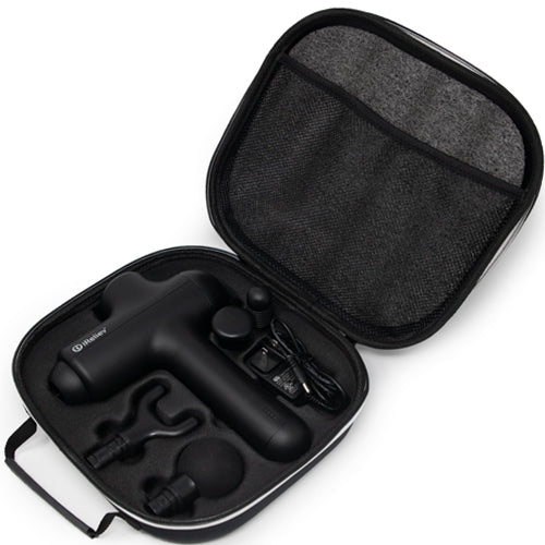 Open black carrying case holding the massage gun and attachments