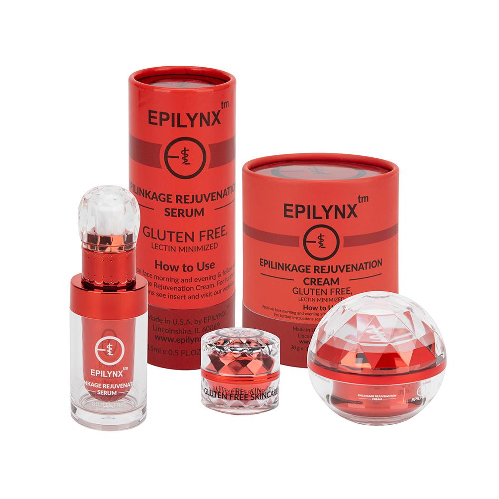 Red EpiLynx set with a serum bottle, a cream jar, an eye cream jar and two cylindrical gift tubes
