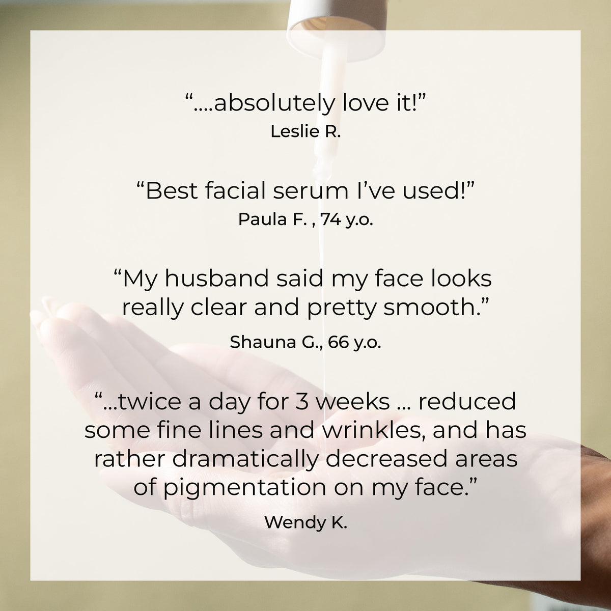 Customer review quotes about the IDEO serum over a soft background