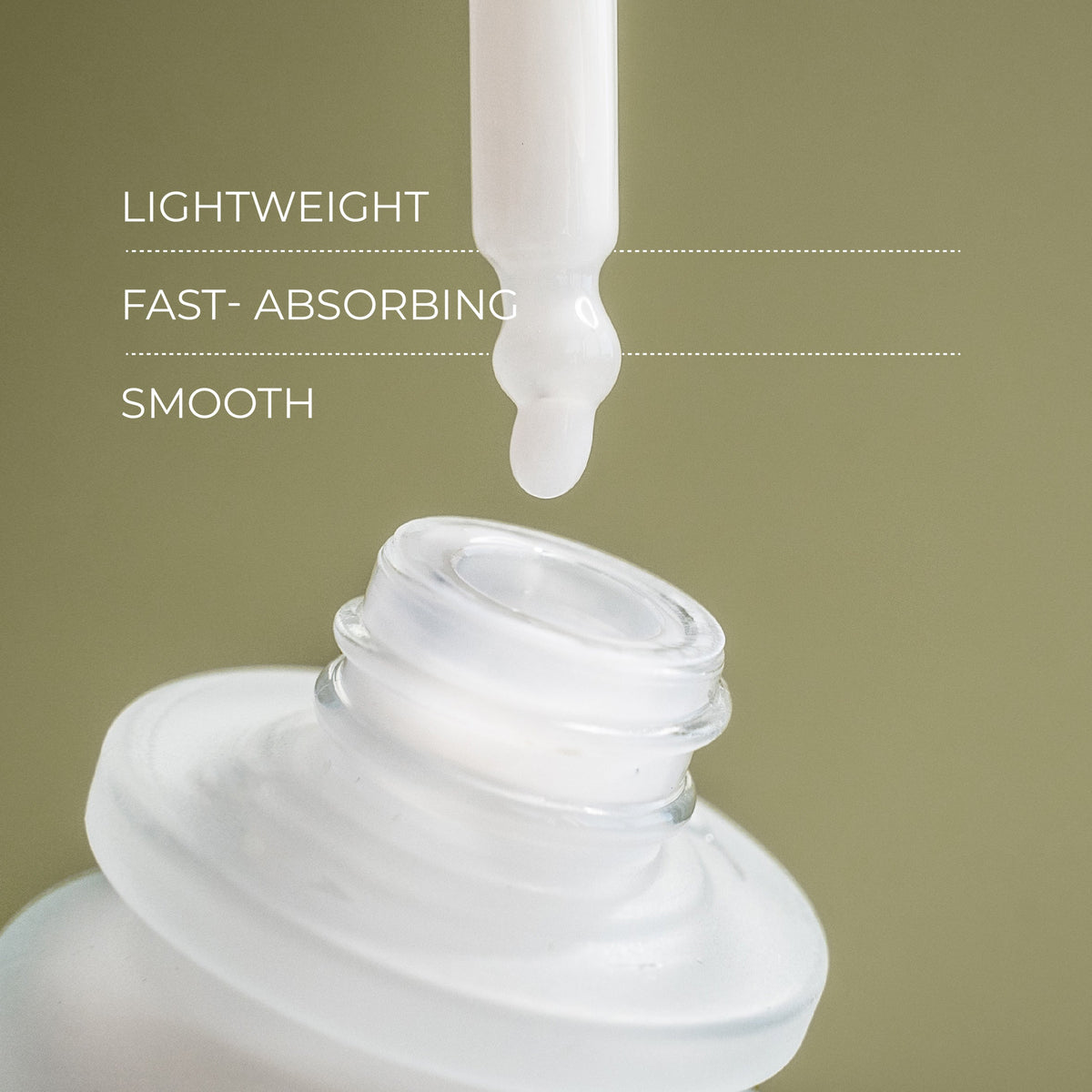 Close-up of the IDEO serum dropper above the open bottle, with the text Lightweight, Fast-Absorbing, Smooth