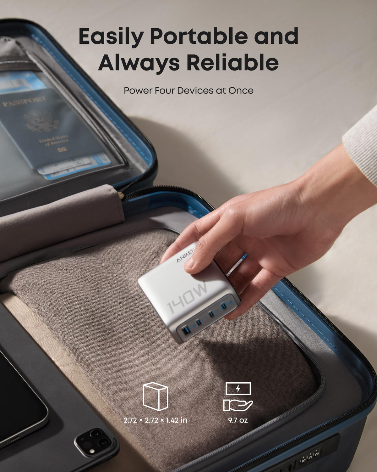 Hand placing the silver charger into a travel bag, with the text Easily Portable and Always Reliable
