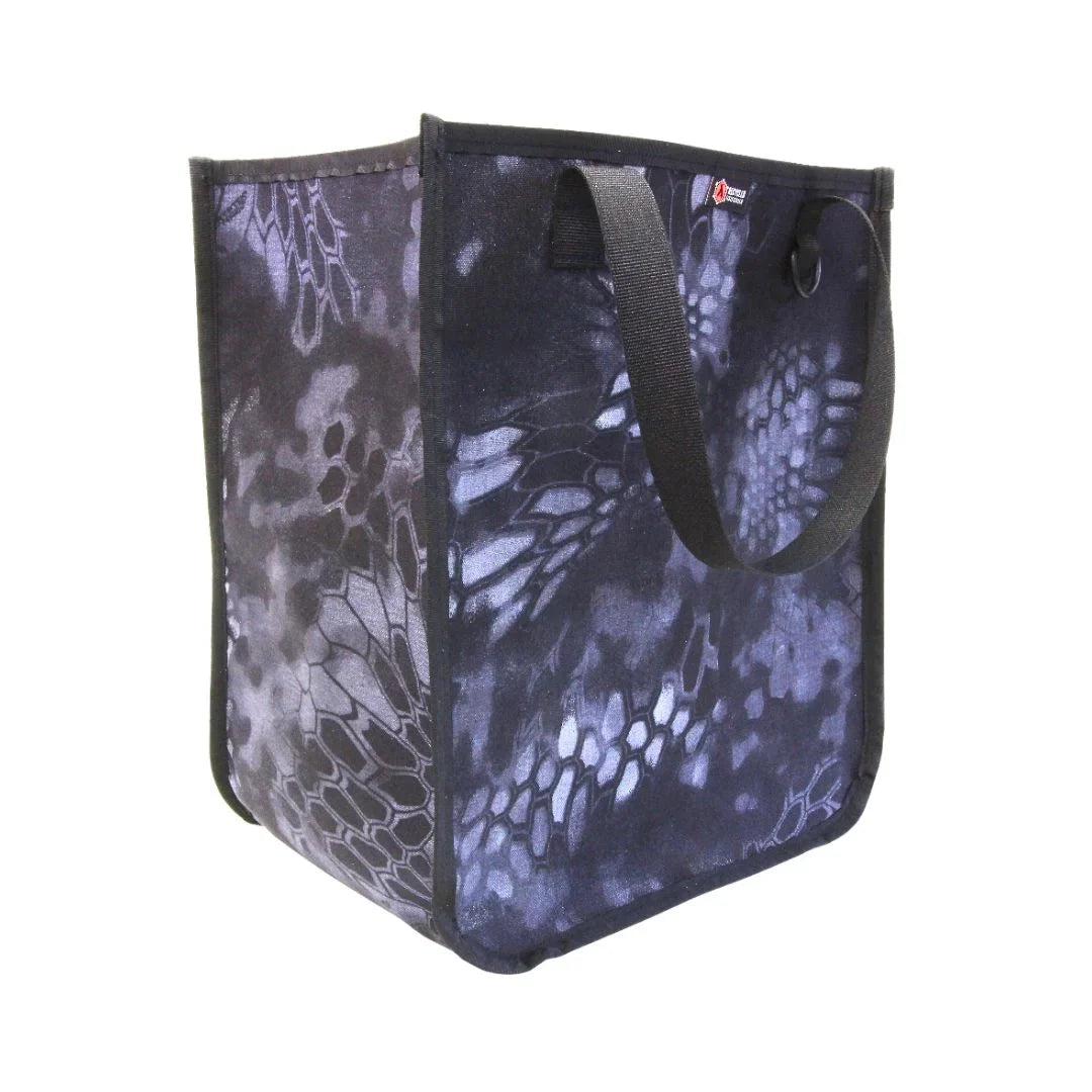 Tactical Tote in dark purple-gray scale-pattern camouflage with black handles