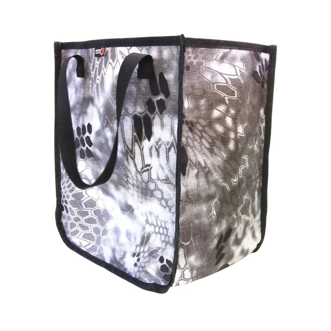 Recycled Firefighter Tactical Tote in gray and white scale-pattern camouflage with black handles and trim, front view