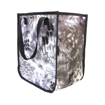 Recycled Firefighter Tactical Tote in gray and white scale-pattern camouflage with black handles and trim, front view