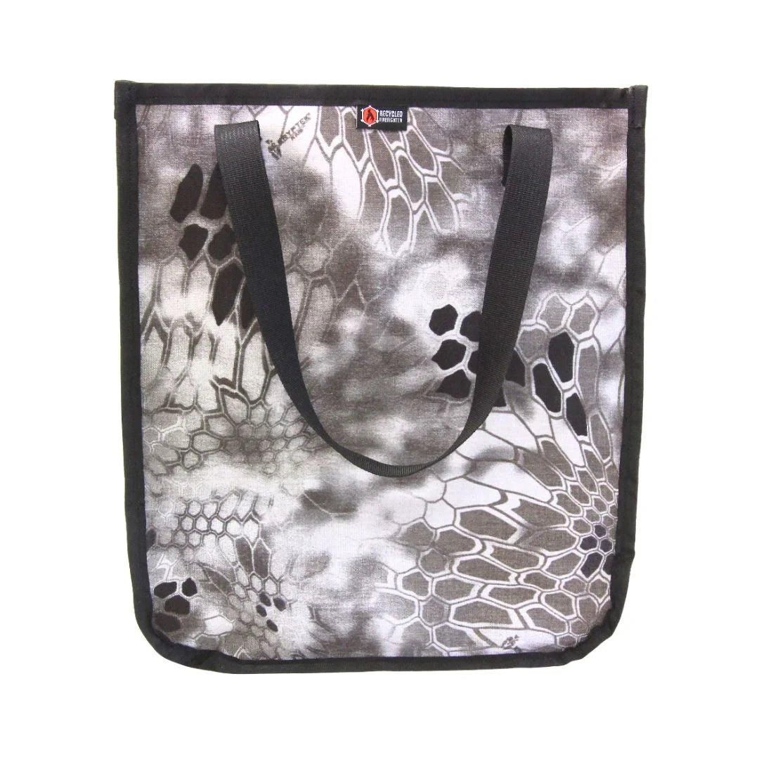 Gray and white scale-pattern camouflage Tactical Tote with the handles standing up
