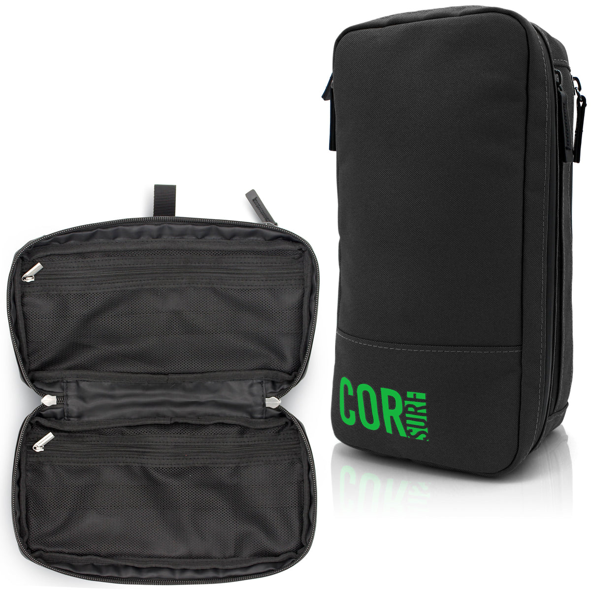 Black toiletry bag shown open with inner pockets and closed with a green logo