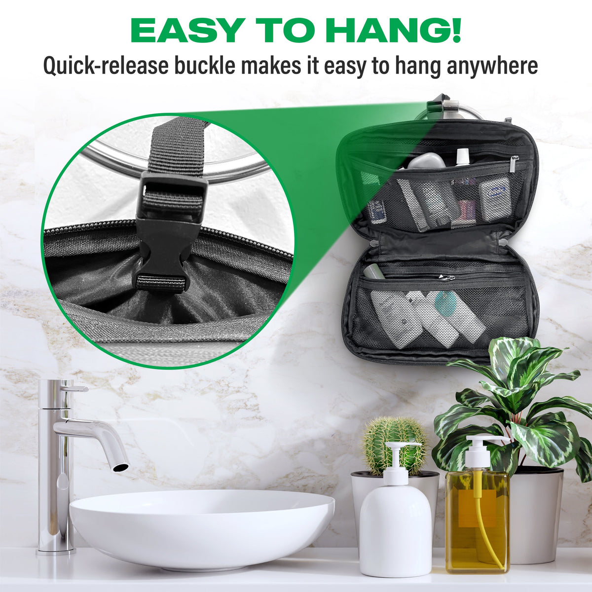 Black toiletry bag hanging by a quick-release buckle above a bathroom sink