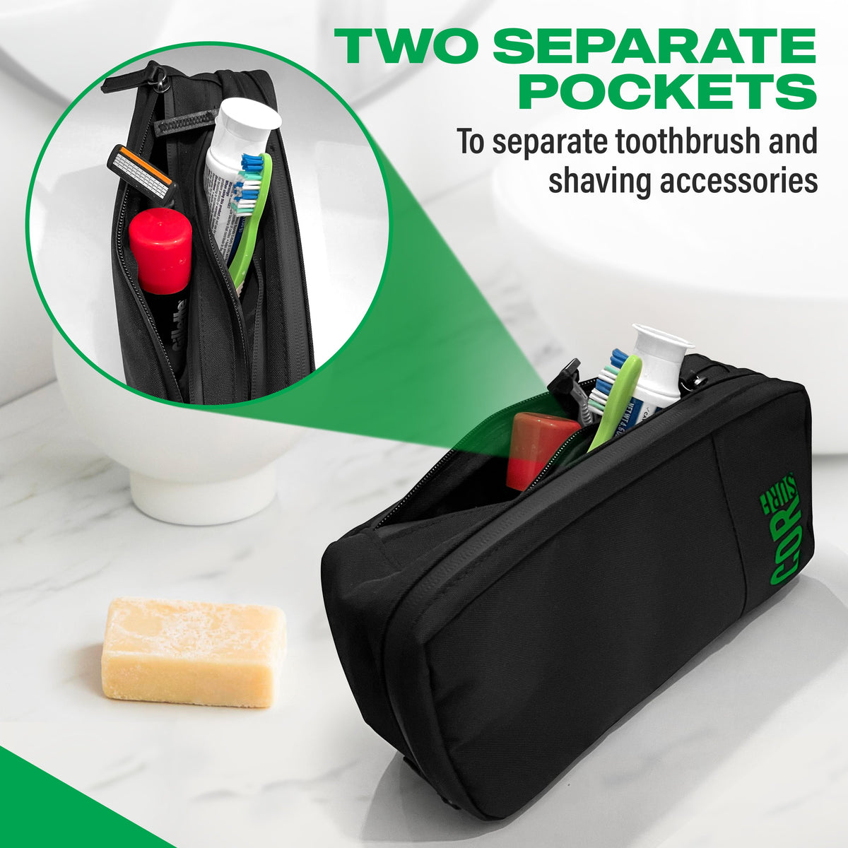 Open black toiletry bag with two separate pockets holding a toothbrush and grooming items, next to a bar of soap