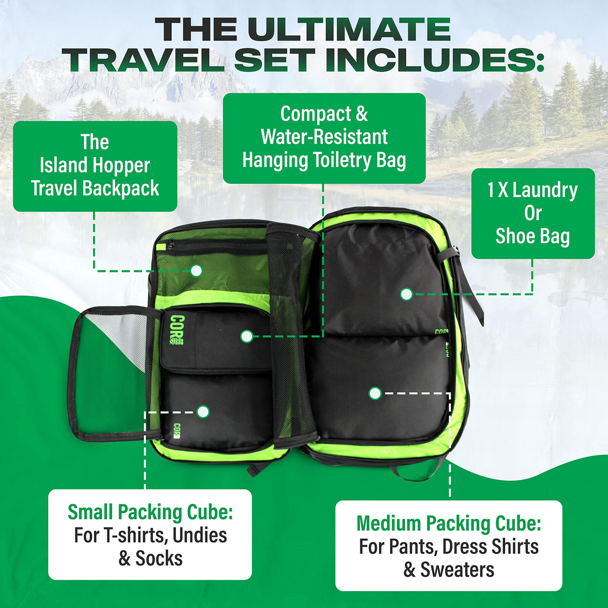 Infographic listing the bundle contents: open green-lined backpack, two packing cubes, hanging toiletry bag and laundry or shoe bag