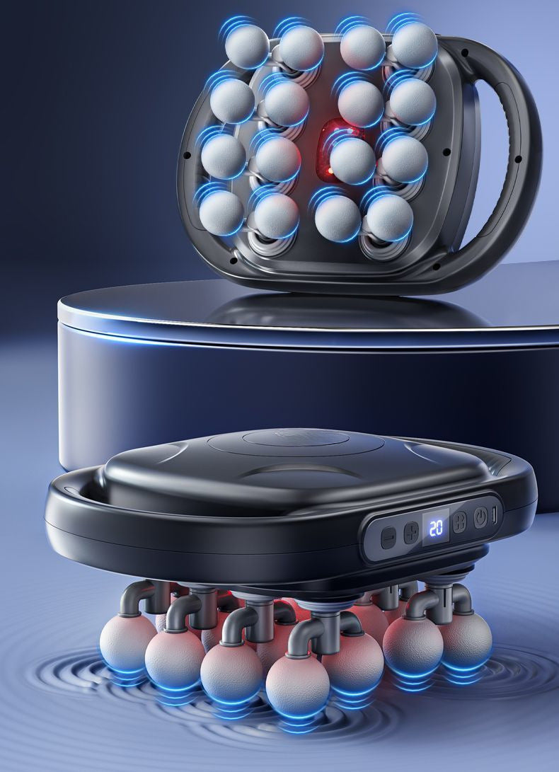 Two views of the 16-head massage gun showing its round massage heads and body